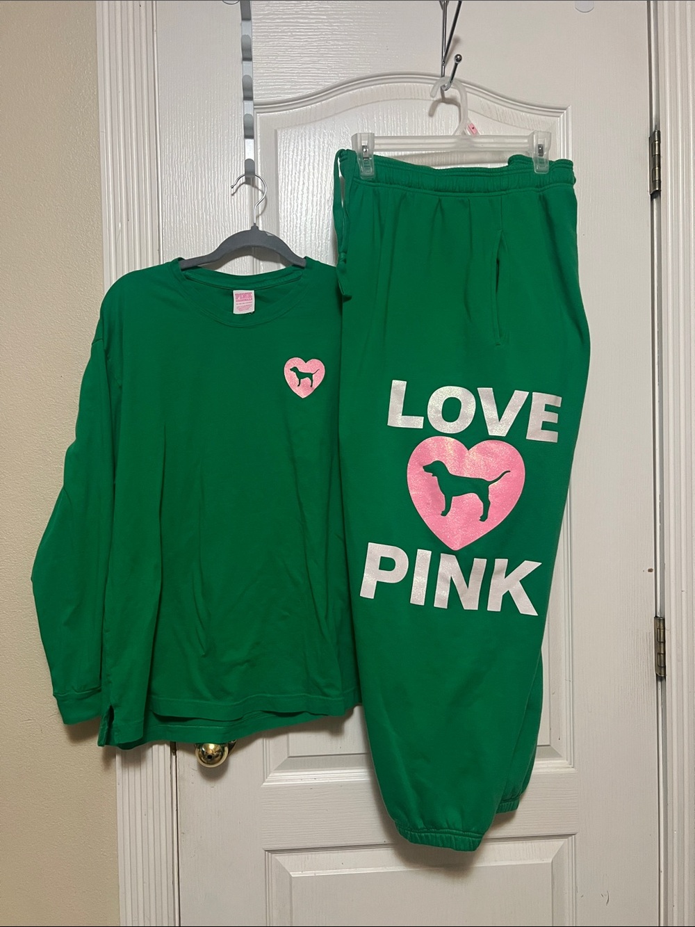 PINK Victoria's Secret matching Green Set with Pink Heart Logo